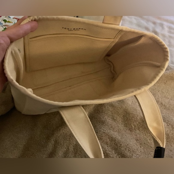 Tory Burch Canvas Logo Mini Tote Bag – Ivory / Black Leather Handles - Picture 8 of 9